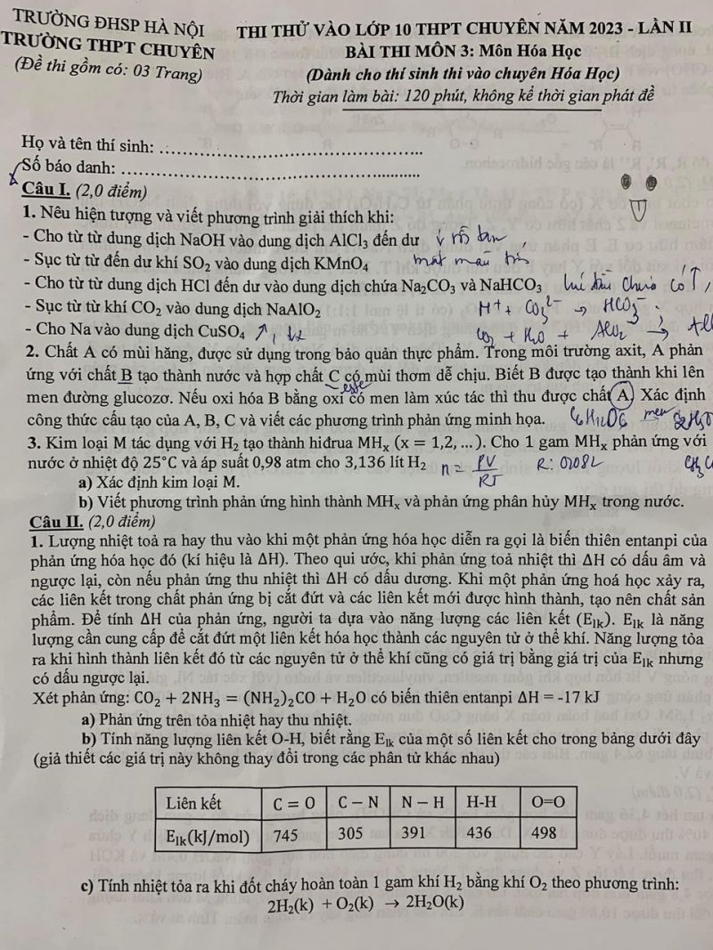 Đề thi thử vào lớp 10 THPT CHUYÊN môn Hóa Học lần 2 Trường THPT CHUYÊN ĐHSP Hà Nội năm 2023