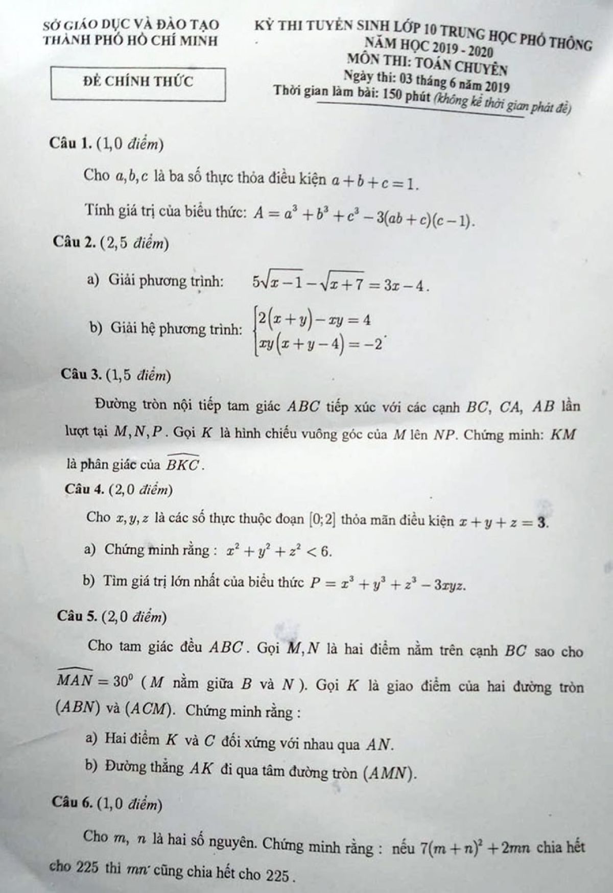 Đề thi tuyển sinh vào lớp 10 THPT CHUYÊN môn Toán thành phố Hồ Chí Minh năm 2019