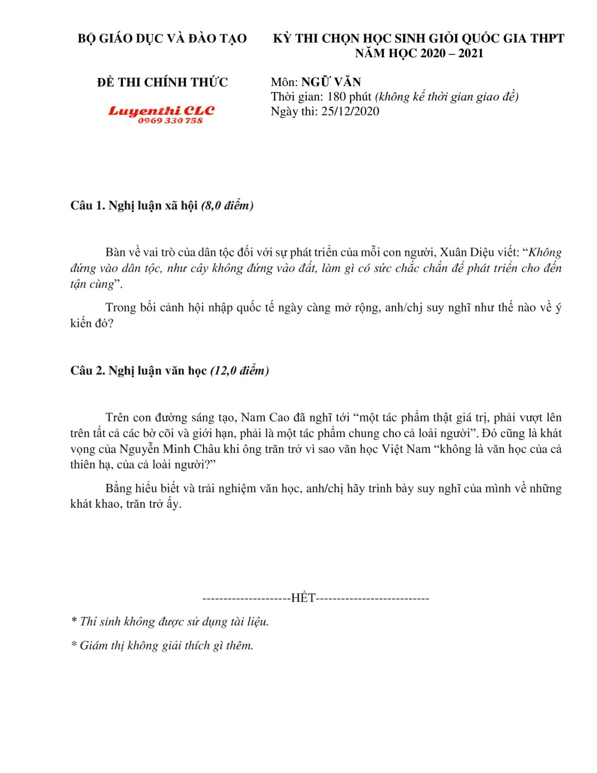 Đề thi chọn HSG Quốc Gia THPT môn Ngữ Văn năm 2020