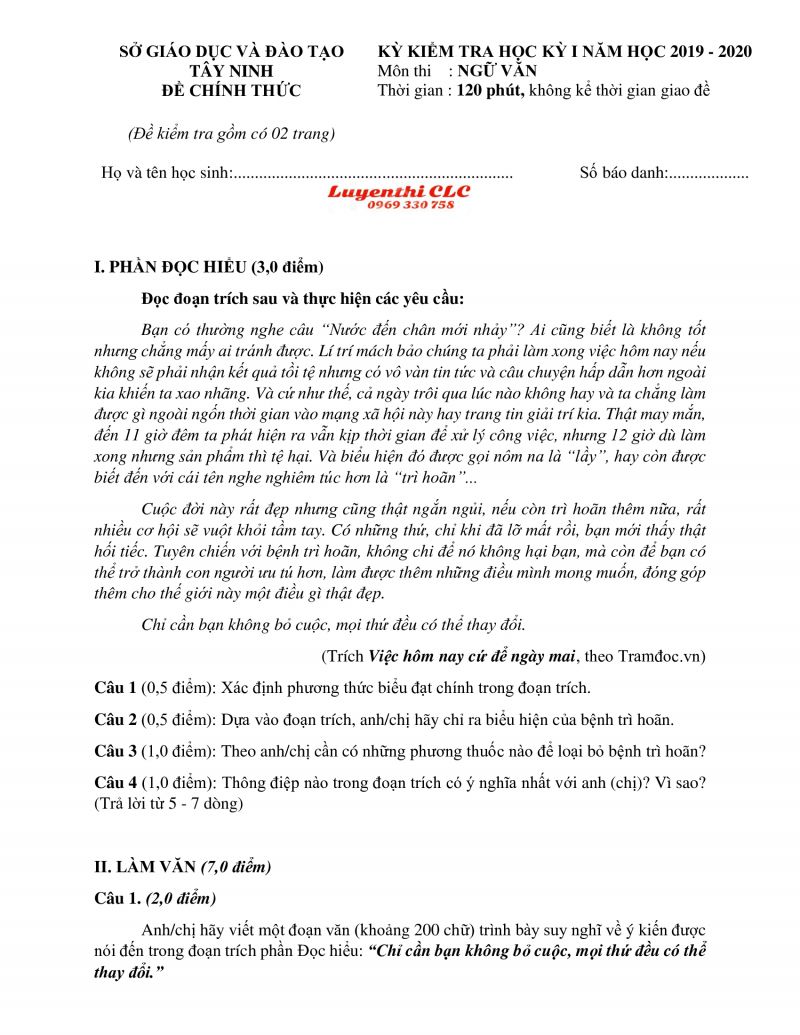 Đề kiểm tra chất lượng học kì I môn Ngữ Văn tỉnh Tây Ninh năm 2019