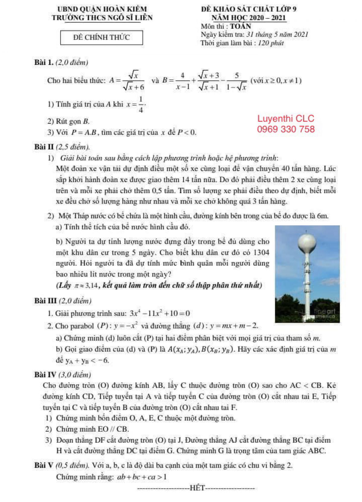 Đề khảo s&aacute;t chất lượng m&ocirc;n To&aacute;n lớp 9 Trường THCS Ng&ocirc; Sĩ Li&ecirc;n, quận Ho&agrave;n  Kiếm, H&agrave; Nội năm 2021
