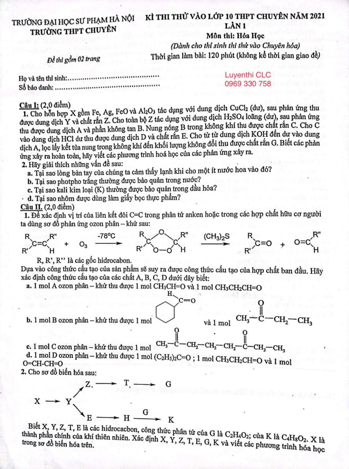 Đề thi thử v&agrave;o lớp 10 THPT m&ocirc;n H&oacute;a Học lần 1 Trường THPT CHUY&Ecirc;N Đại học Sư phạm H&agrave; Nội năm 2021