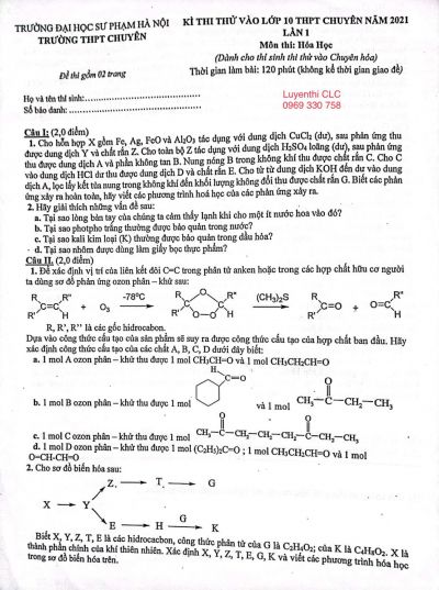 Đề thi thử vào lớp 10 THPT môn Hóa Học lần 1 Trường THPT CHUYÊN Đại học Sư phạm Hà Nội năm 2021