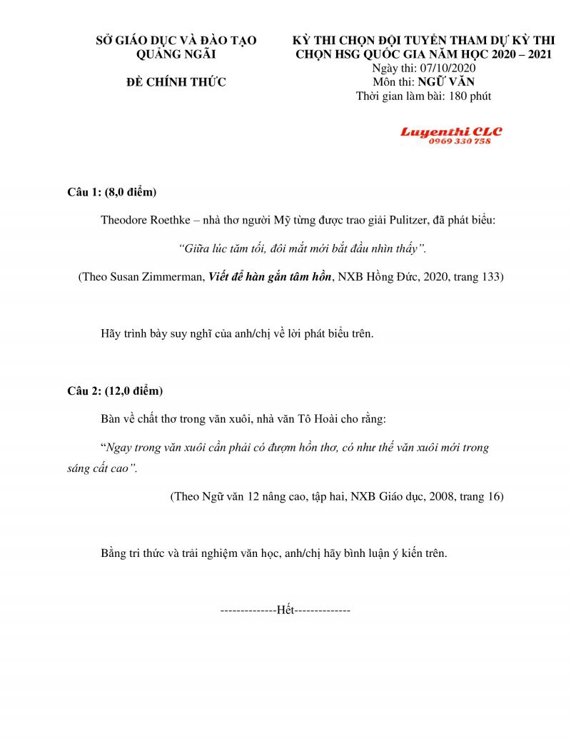 Đề thi chọn đội tuyển tham dự k&igrave; thi chọn HSG Quốc Gia m&ocirc;n Ngữ Văn tỉnh Quảng Ng&atilde;i năm 2020