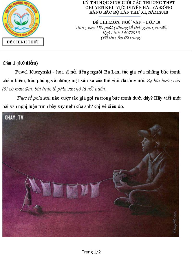 Đề thi chọn HSG các trường THPT CHUYÊN khu vực Duyên hải và ĐBBB lần thứ XI môn Ngữ Văn lớp 10 năm 2018