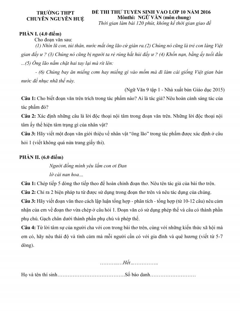 Đề thi thử tuyển sinh vào lớp 10 THPT và đáp án môn Ngữ Văn Trường THPT CHUYÊN Nguyễn Huệ, Hà Nội năm 2016