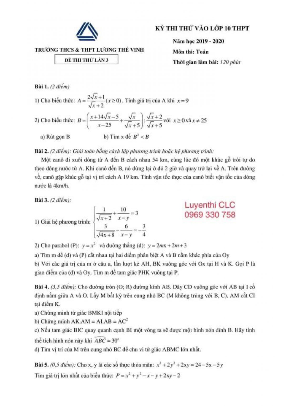 Đề thi thử v&agrave;o lớp 10 THPT m&ocirc;n To&aacute;n Trường THCS &amp; THPT Lương Thế Vinh năm 2019 ( Đề thi thử lần 3)