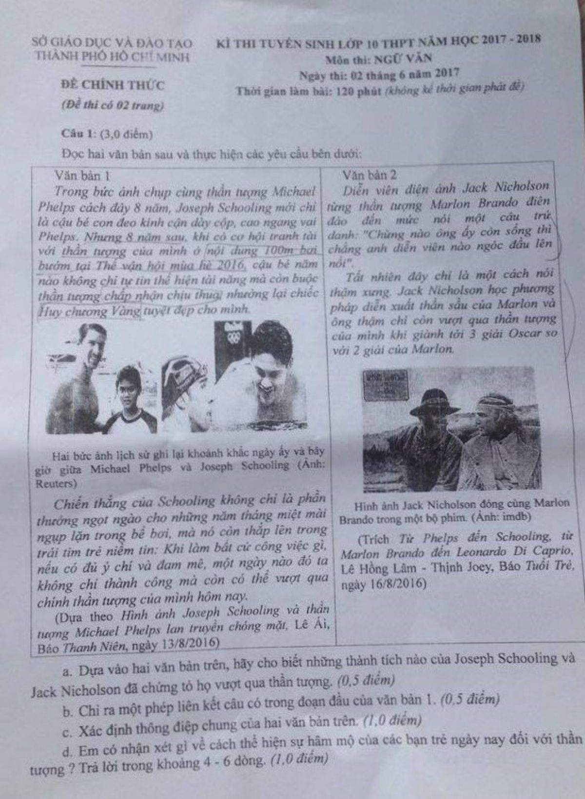 Đề thi tuyển sinh vào lớp 10 THPT môn Ngữ Văn thành phố Hồ Chí Minh năm 2017