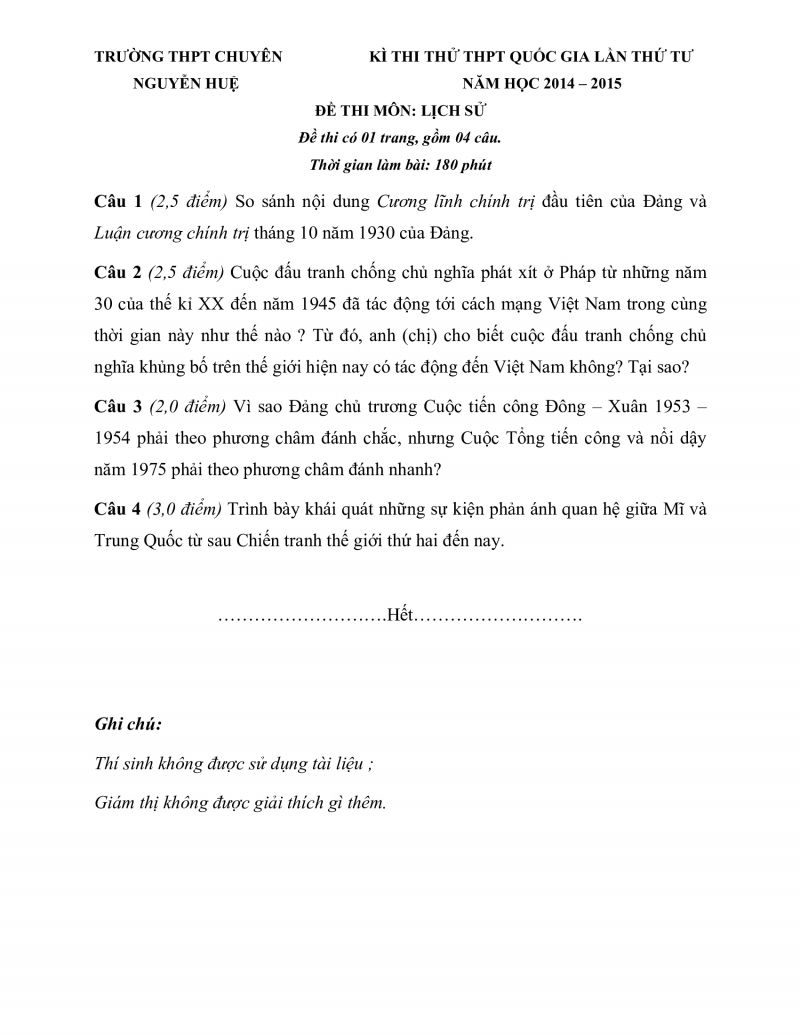 Đề thi thử THPT Quốc Gia và đáp án môn Lịch Sử Trường THPT CHUYÊN Nguyễn Huệ năm 2014