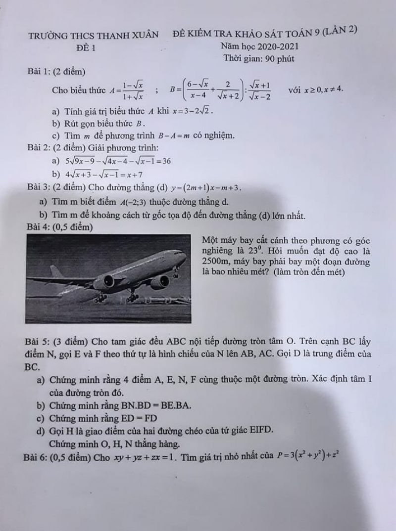 Đề kiểm tra khảo s&aacute;t m&ocirc;n To&aacute;n lớp 9 - đề 1 Trường THCS Thanh Xu&acirc;n năm 2020