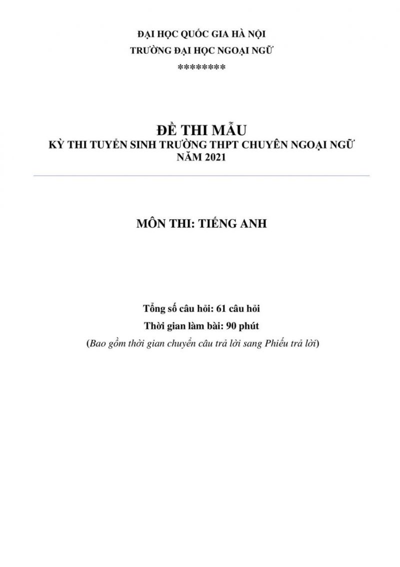 Đề thi tuyển sinh mẫu và đáp án môn Tiếng Anh Trường THPT CHUYÊN Ngoại Ngữ, Hà Nội năm 2021