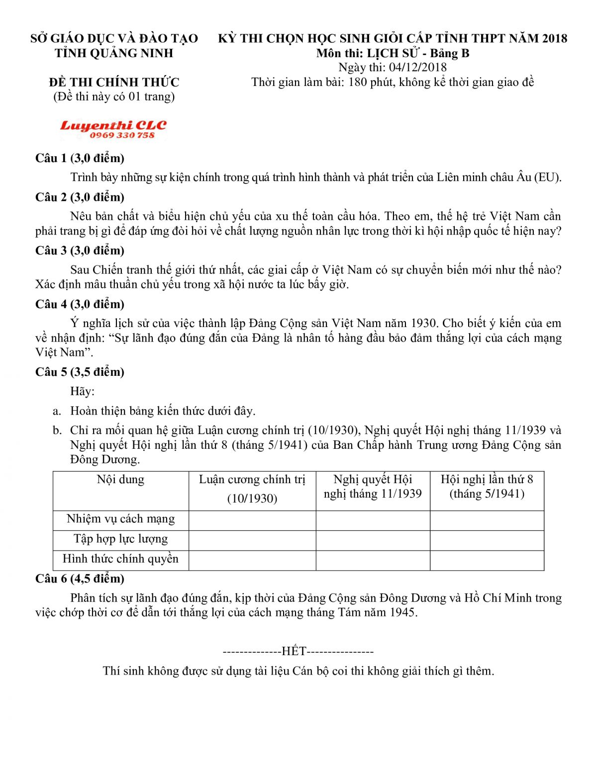 Đề thi HSG THPT m&ocirc;n Lịch Sử Bảng B tỉnh Quảng Ninh năm 2018