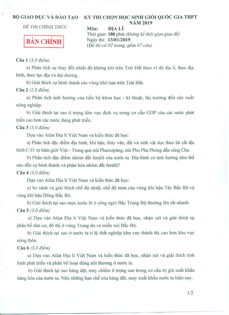Đề thi chọn HSG Quốc Gia THPT m&ocirc;n Địa L&iacute; năm 2019