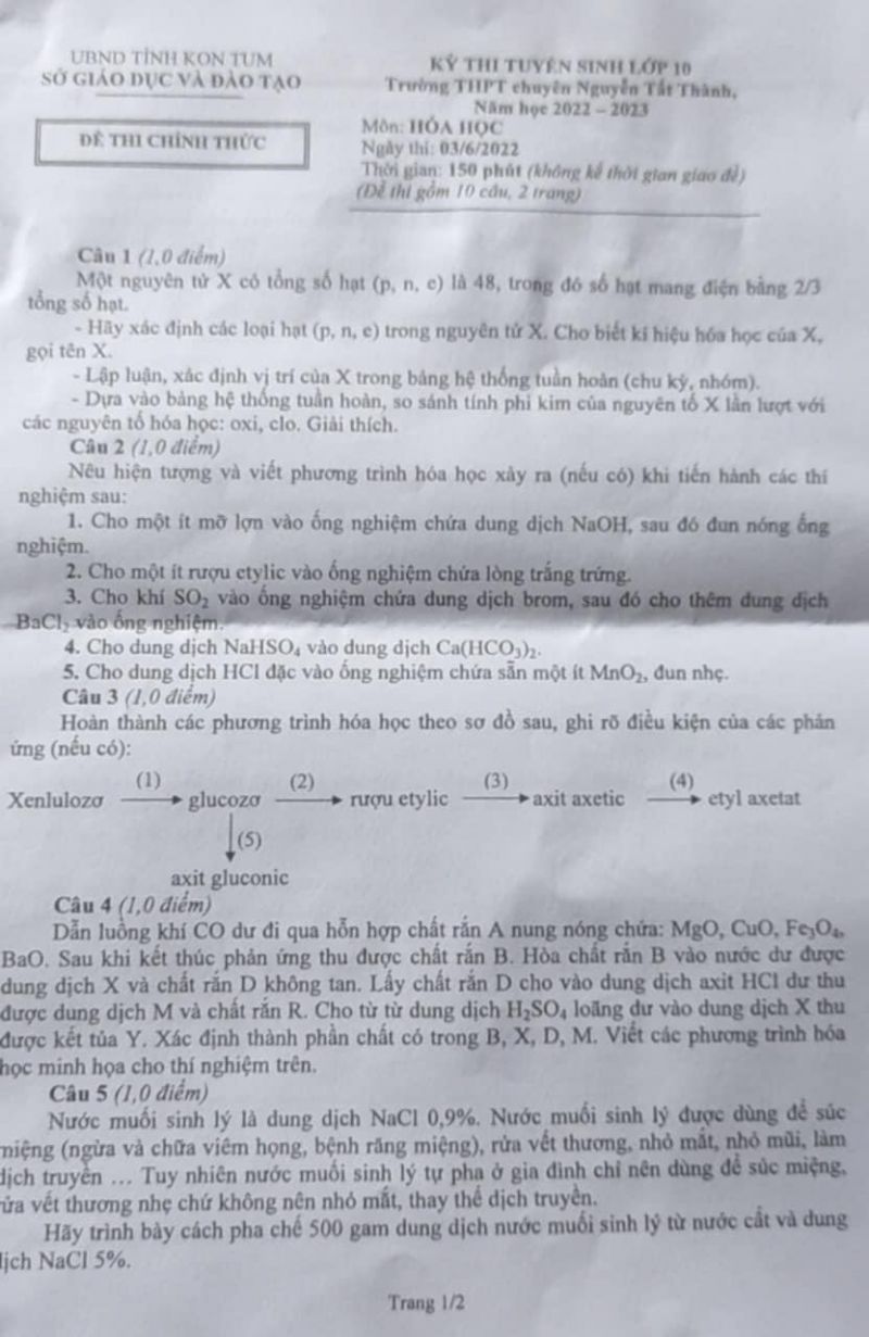 Đề thi tuyển sinh v&agrave;o lớp 10 m&ocirc;n H&oacute;a Học Trường THPT CHUY&Ecirc;N Nguyễn Tất Th&agrave;nh tỉnh Kon Tum năm 2022