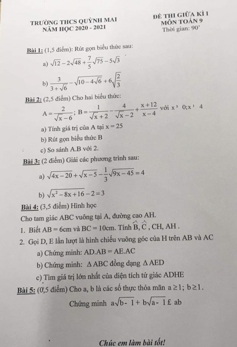 Đề thi giữa học kì I môn Toán lớp 9 Trường THCS Quỳnh Mai năm 2020
