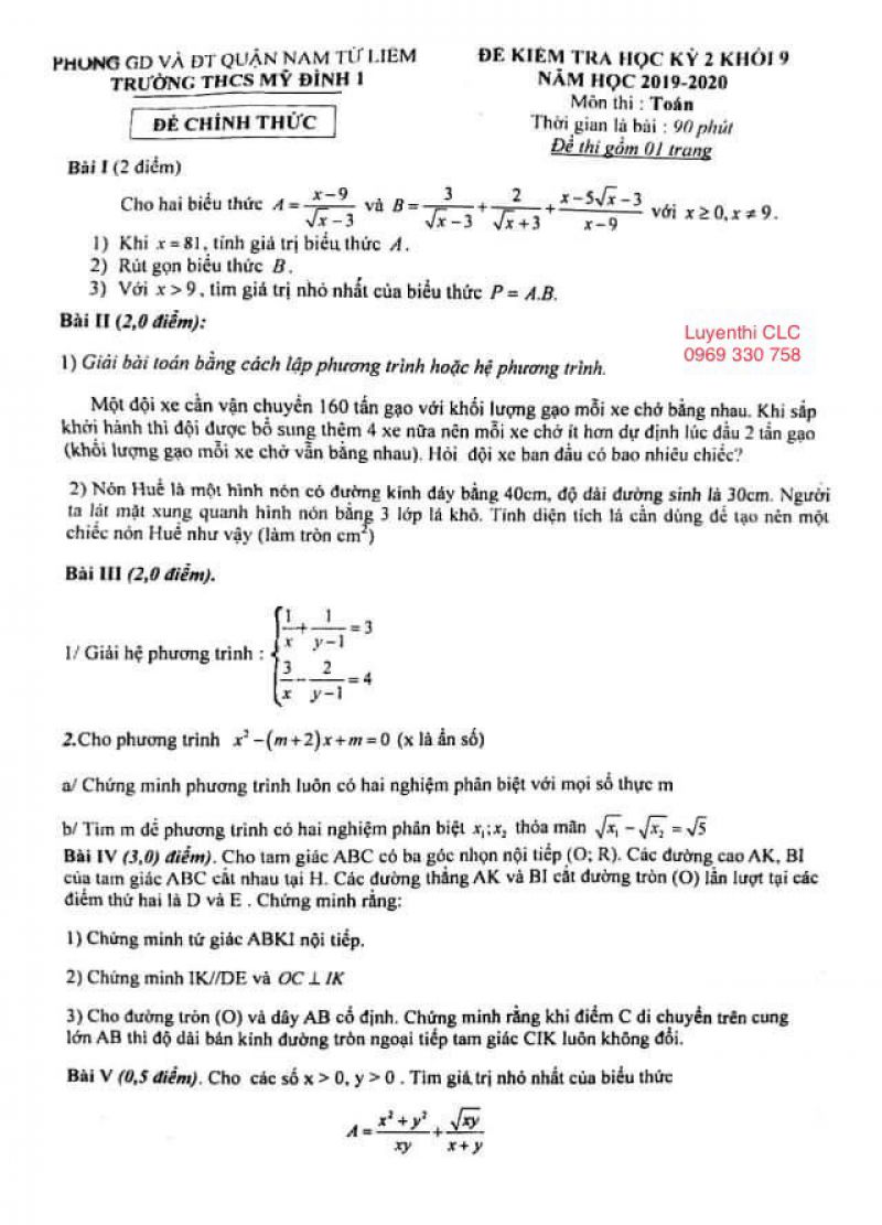 Đề kiểm tra học kì II môn Toán lớp 9 Trường THCS Mỹ Đình 1, quận Nam Từ Liêm, Hà Nội năm 2019