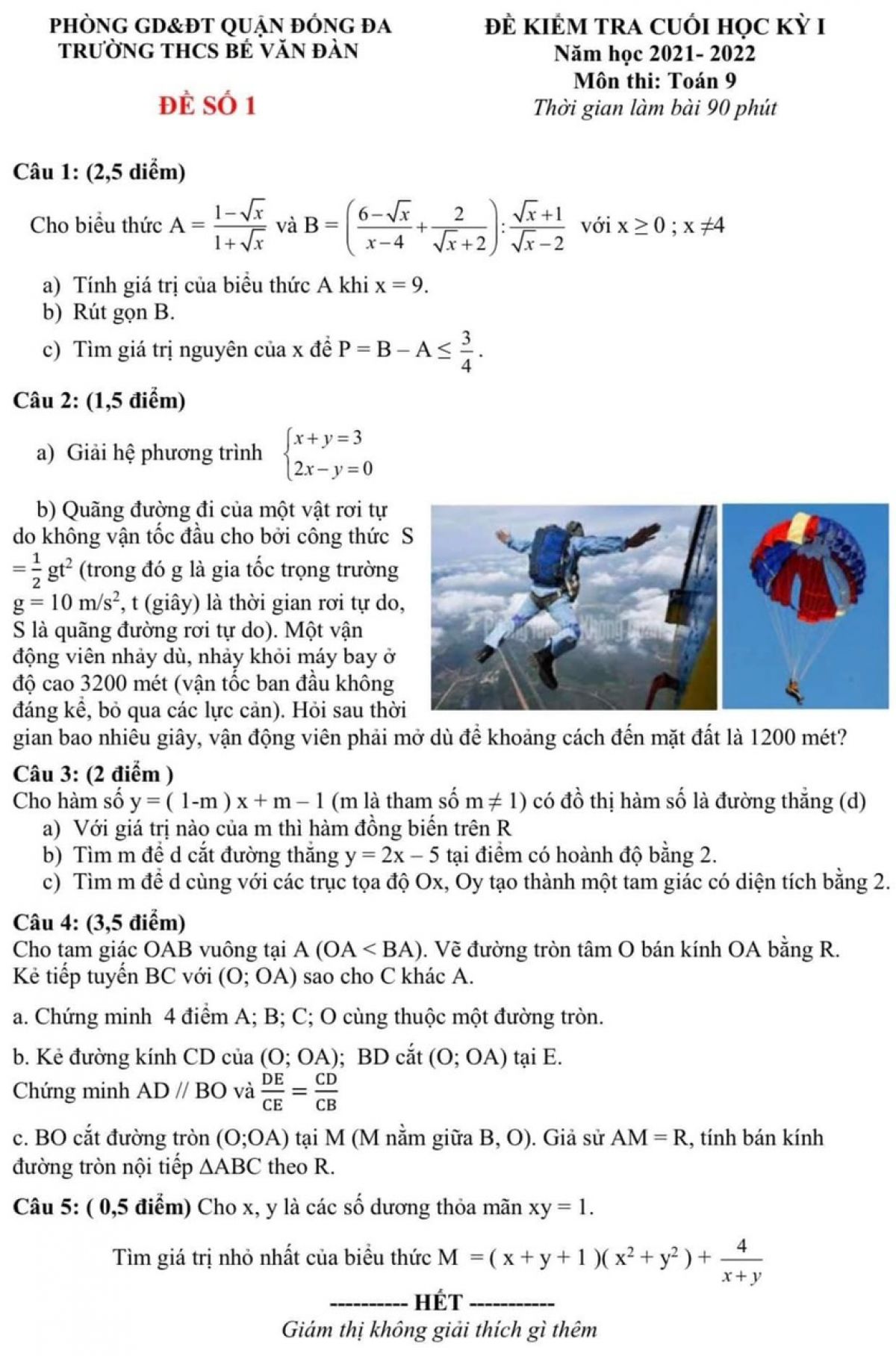 Đề kiểm tra cuối học k&igrave; I m&ocirc;n To&aacute;n lớp 9 Trường THCS Bế Văn Đ&agrave;n, quận Đống Đa, H&agrave; Nội năm 2022