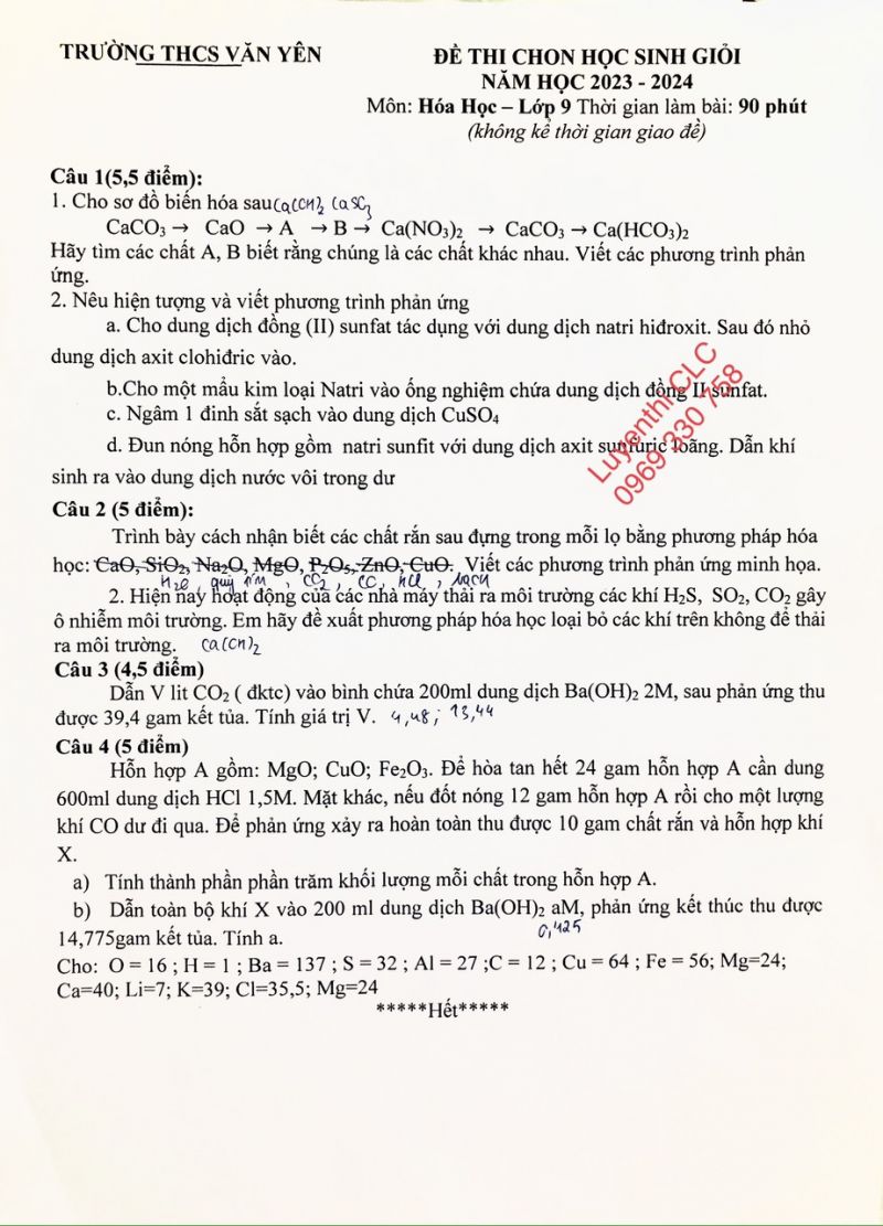 Đề thi chọn HSG môn Hóa Học lớp 9 Trường THCS Văn Yên năm 2023