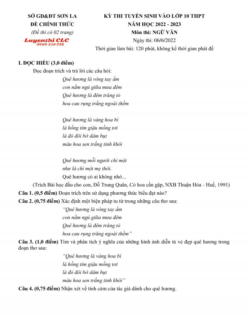 Đề thi tuyển sinh v&agrave;o lớp 10 THPT m&ocirc;n Ngữ Văn tỉnh Sơn La năm 2022