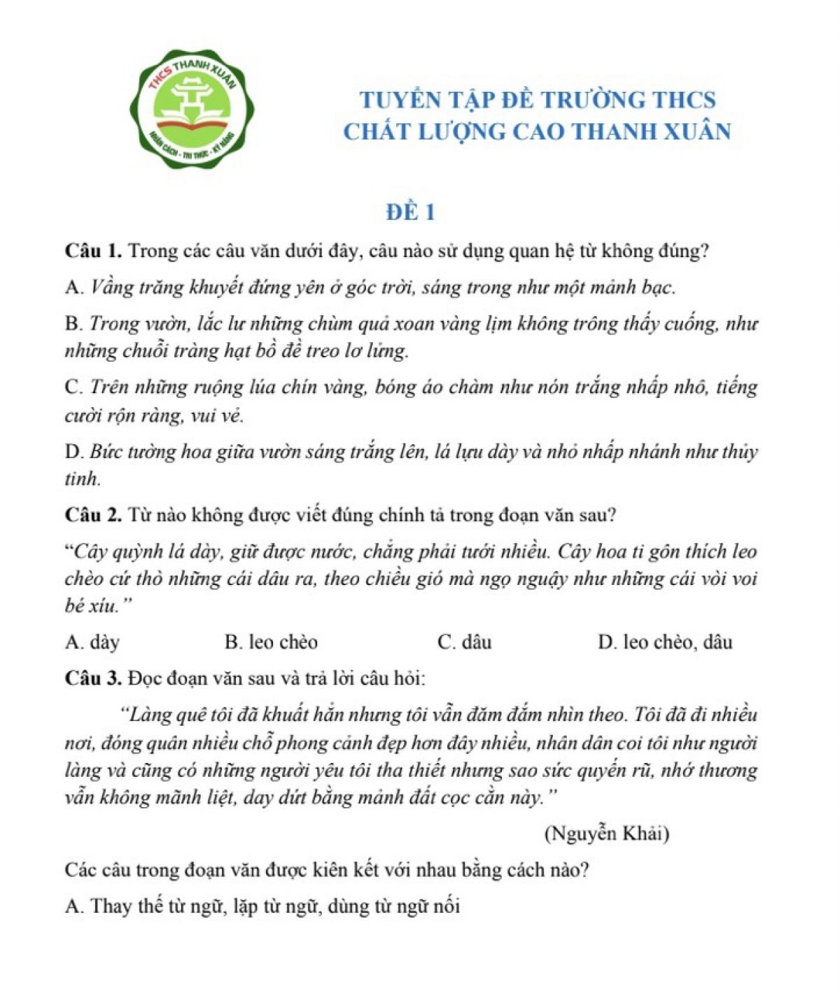 Tuyển tập đề trường THCS chất lượng cao Thanh Xu&acirc;n m&ocirc;n Ngữ văn