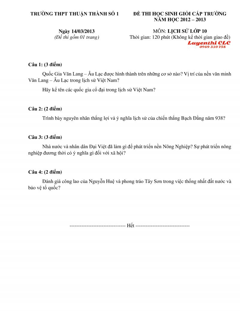Đề thi HSG m&ocirc;n Lịch Sử lớp 10 Trường THPT Thuận Th&agrave;nh số 1 tỉnh Bắc Ninh năm 2012