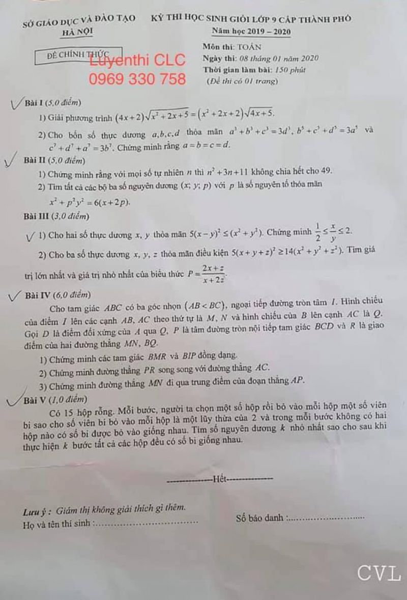 Đề thi HSG cấp th&agrave;nh phố m&ocirc;n To&aacute;n lớp 9 tại H&agrave; Nội năm 2020
