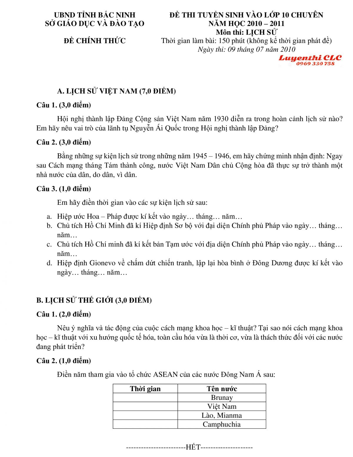 Đeefnthi tuyển sinh v&agrave;o lớp 10 Chuy&ecirc;n m&ocirc;n Lịch Sử tỉnh Bắc Ninh năm 2010