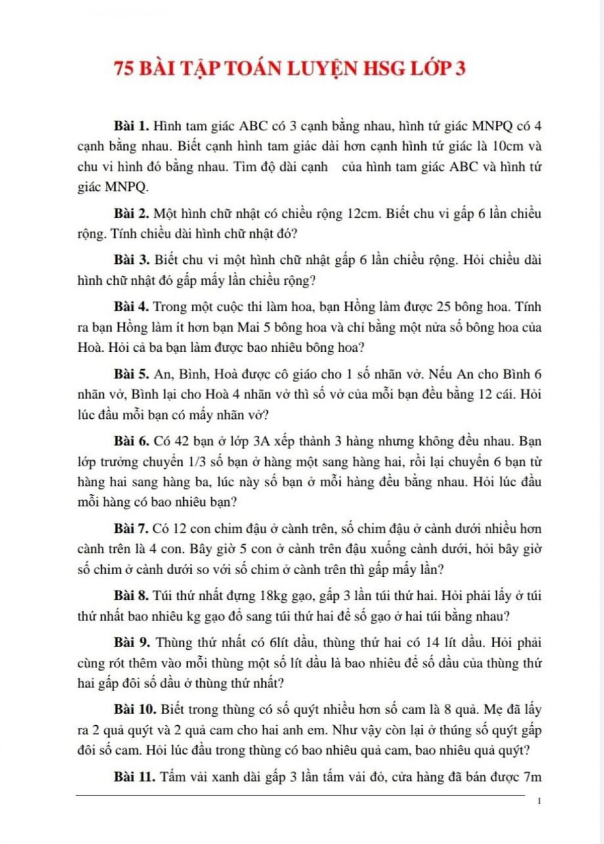 75 b&agrave;i tập to&aacute;n luyện HSG lớp 3