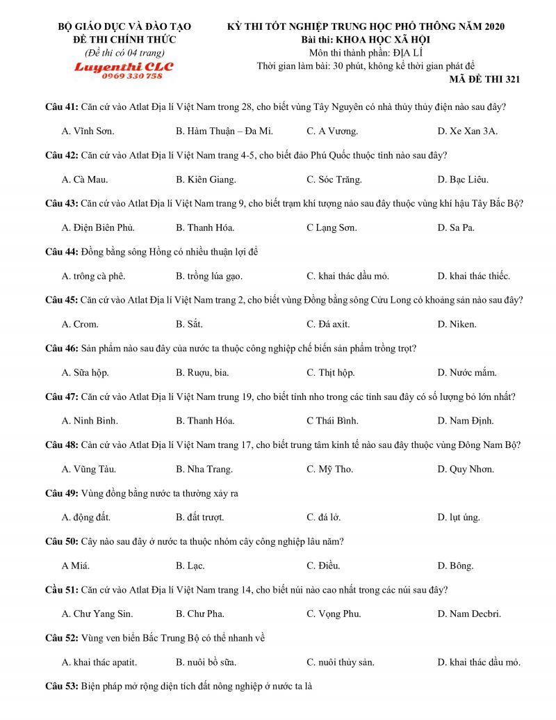 Đề thi tốt nghiệp THPT môn Địa Lí năm 2020 - Mã đề 321