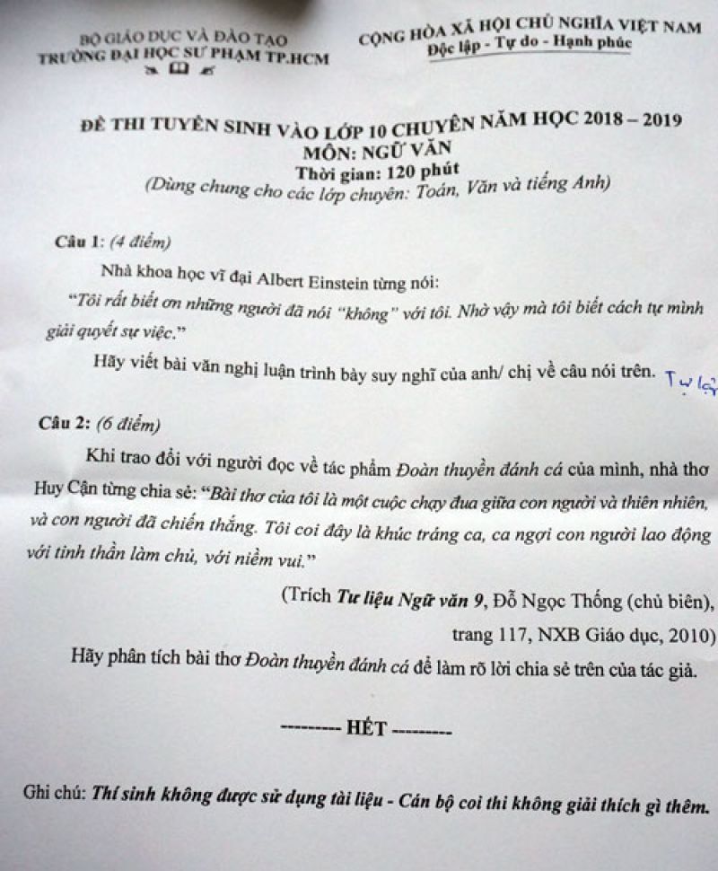 Đề thi tuyển sinh vào lớp 10 THPT CHUYÊN môn Ngữ Văn Trường ĐHSP Thành phố Hồ Chí Minh năm 2018