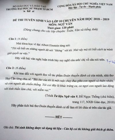 Đề thi tuyển sinh vào lớp 10 THPT CHUYÊN môn Ngữ Văn Trường ĐHSP Thành phố Hồ Chí Minh năm 2018