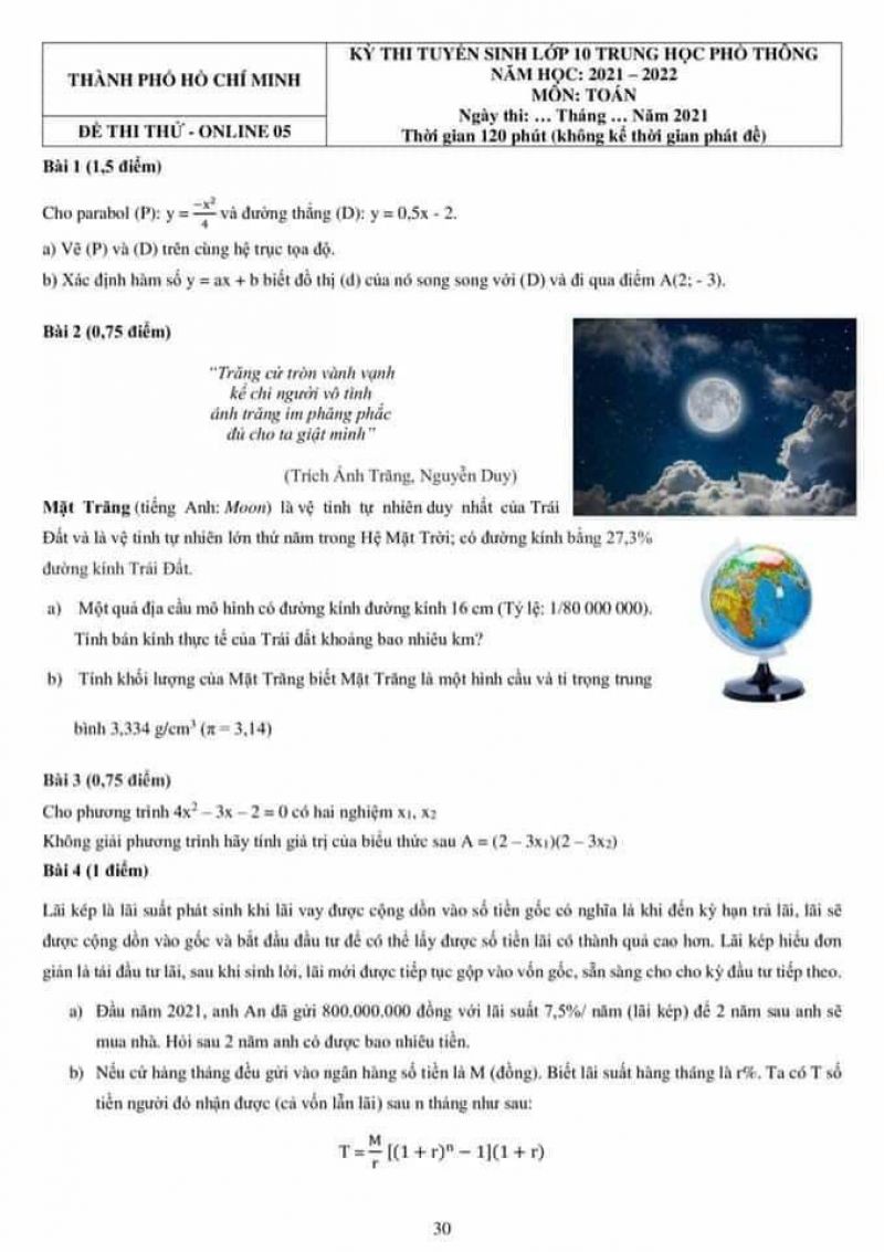 Đề thi thử tuyển sinh vào lớp 10 THPT môn Toán tại Thành phố Hồ Chí Minh năm 2021- Đề số 05