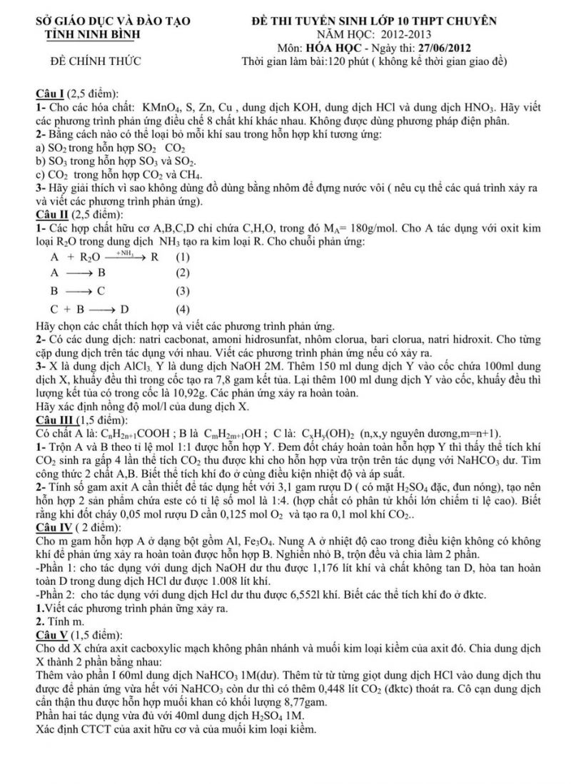 Đề thi tuyển sinh v&agrave;o lớp 10 THPT CHUY&Ecirc;N m&ocirc;n H&oacute;a Học tỉnh Ninh B&igrave;nh năm 2012