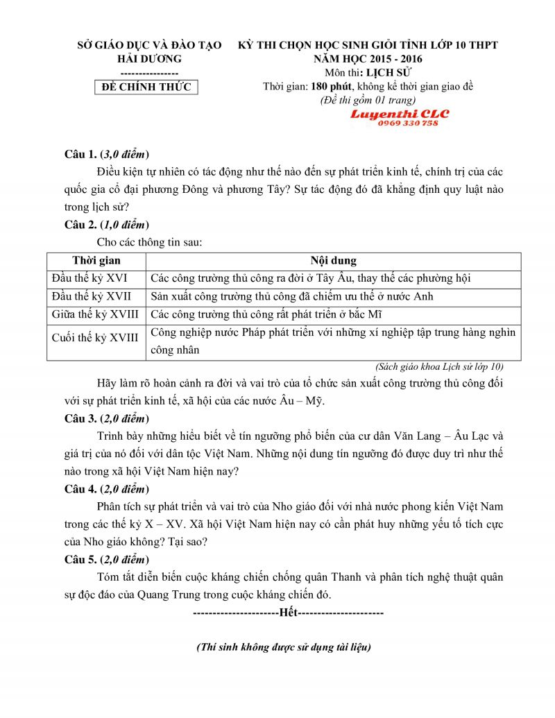 Đề thi chọn HSG Tỉnh lớp 10 THPT môn Lịch Sử tỉnh Hải Dương năm 2016