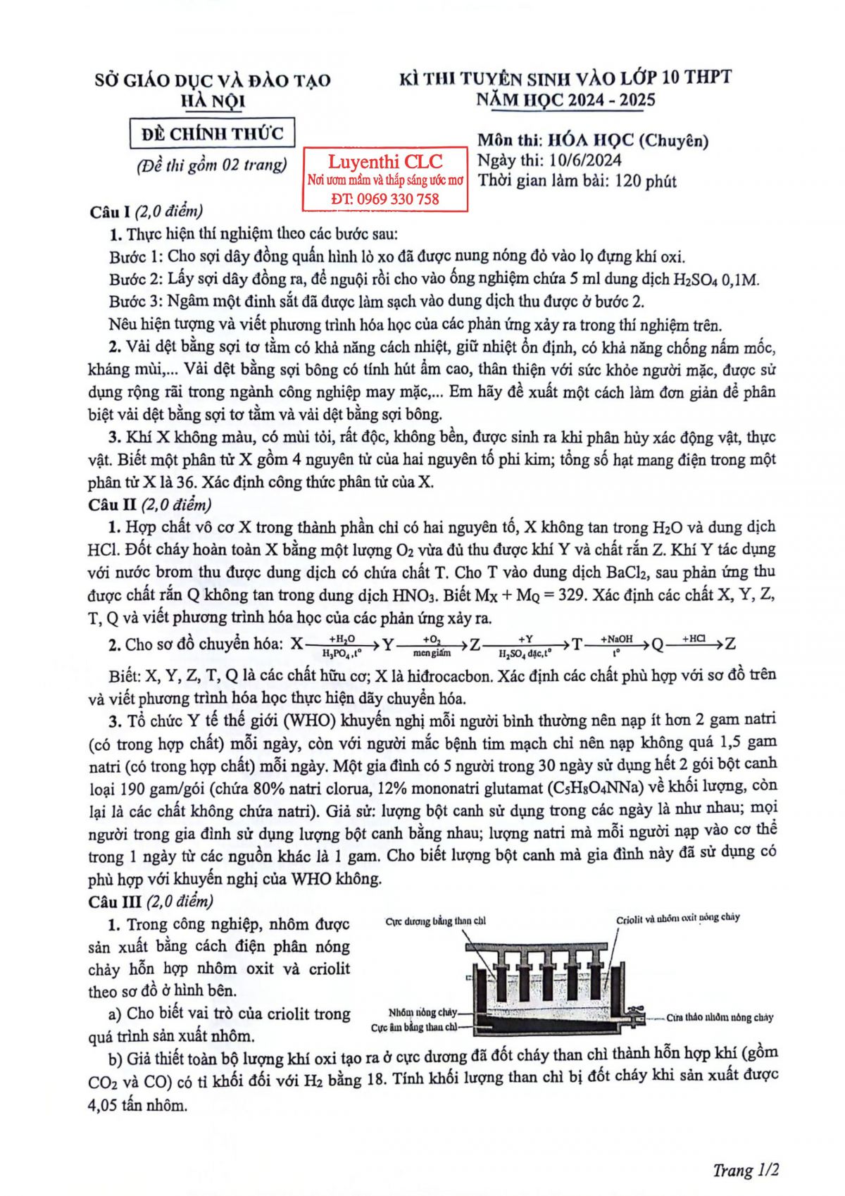 Đề thi vào lớp 10 THPT chuyên môn Hóa sở GD&amp;ĐT TP Hà Nội năm 2024-2025