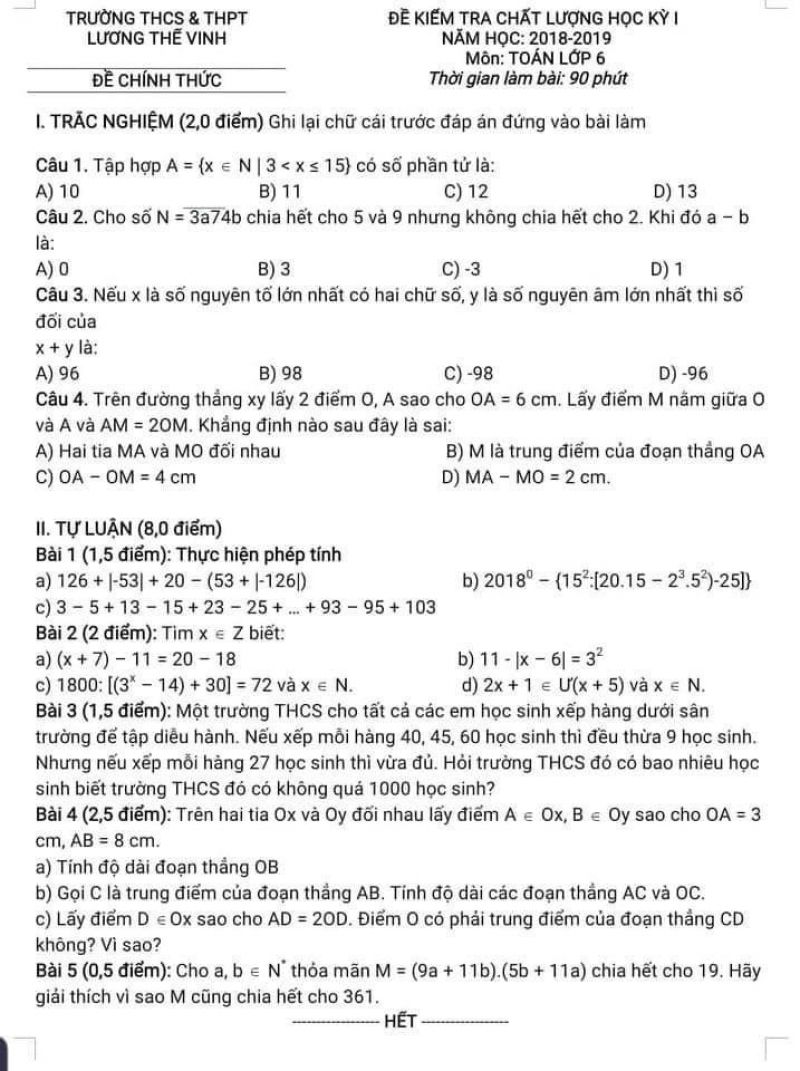 Đề kiểm tra chất lượng học kì I môn Toán lớp 6 Trường THCS &amp; THPT Lương Thế Vinh năm 2018