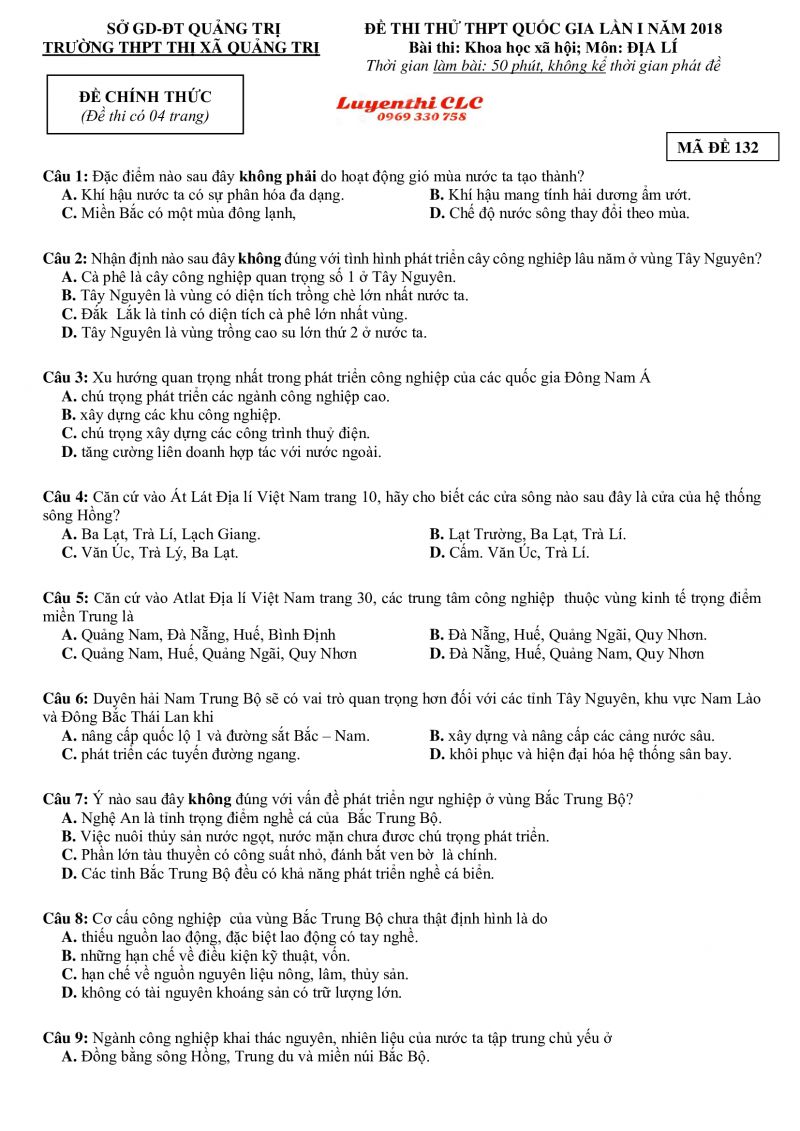 Đề thi thử THPT Quốc Gia - lần 1 môn Địa Lí Trường THPT Thị xã Quảng Trị, tỉnh Quảng Trị năm 2018