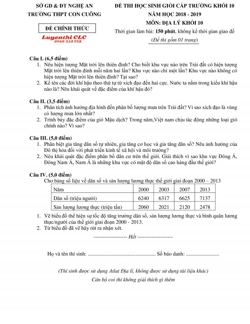 Đề thi HSG khối 10 môn Địa Lý Trường THPT Con Cuông tỉnh Nghệ An năm 2018