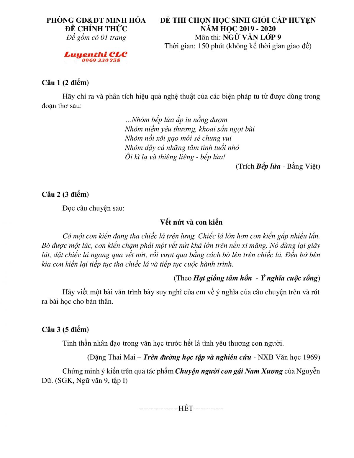 Đề thi chọn HSG môn Ngữ Văn lớp 9 huyện Minh Hóa, tỉnh Quảng Bình năm 2019