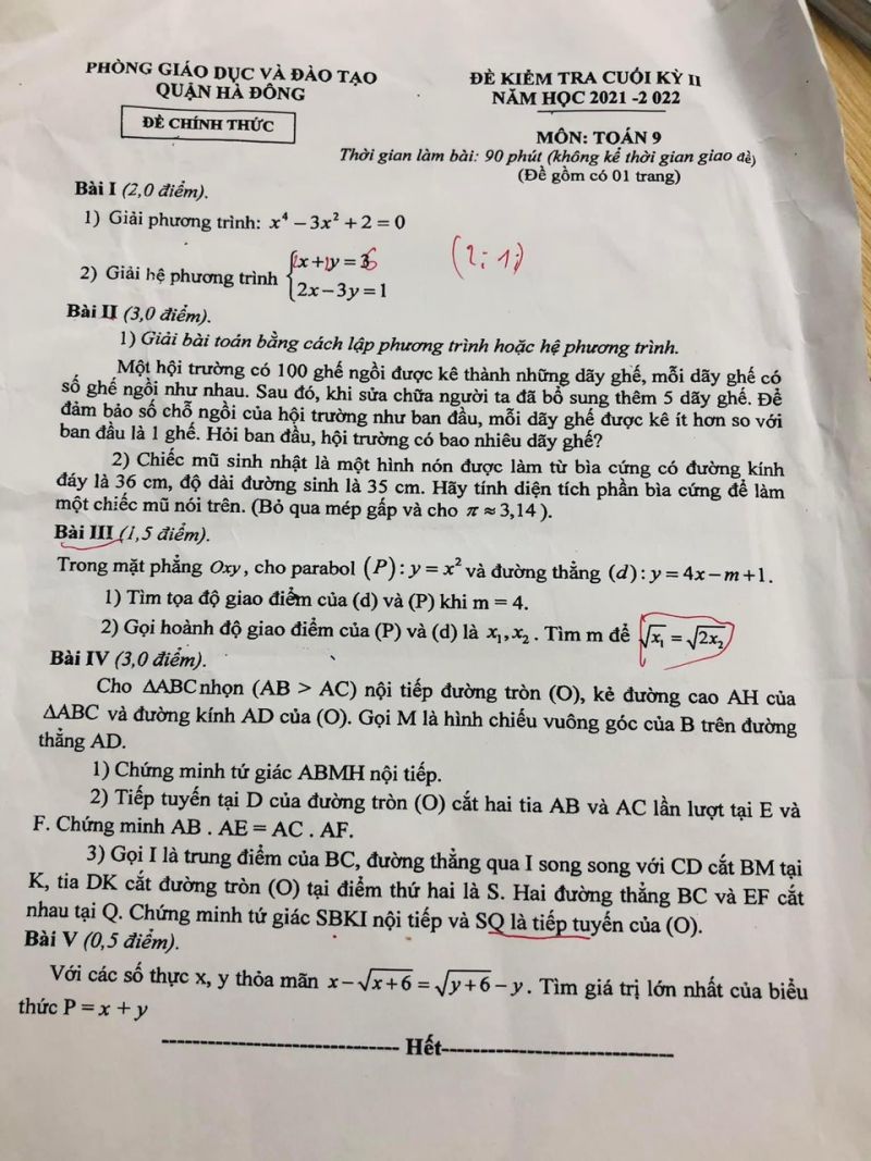 Đề kiểm tra cuối kì 2 môn Toán lớp 9 quận Hà Đông, Hà Nội năm 2022