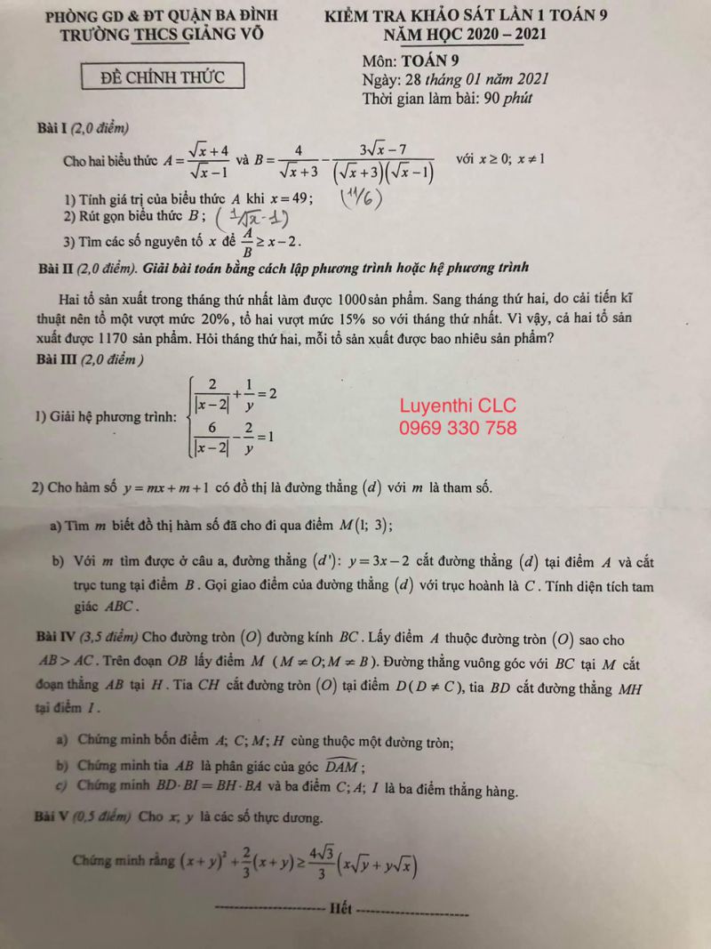 Đề kiểm tra khảo sát môn Toán lớp 9 lần 1 Trường THCS Giảng Võ, Hà Nội năm 2021