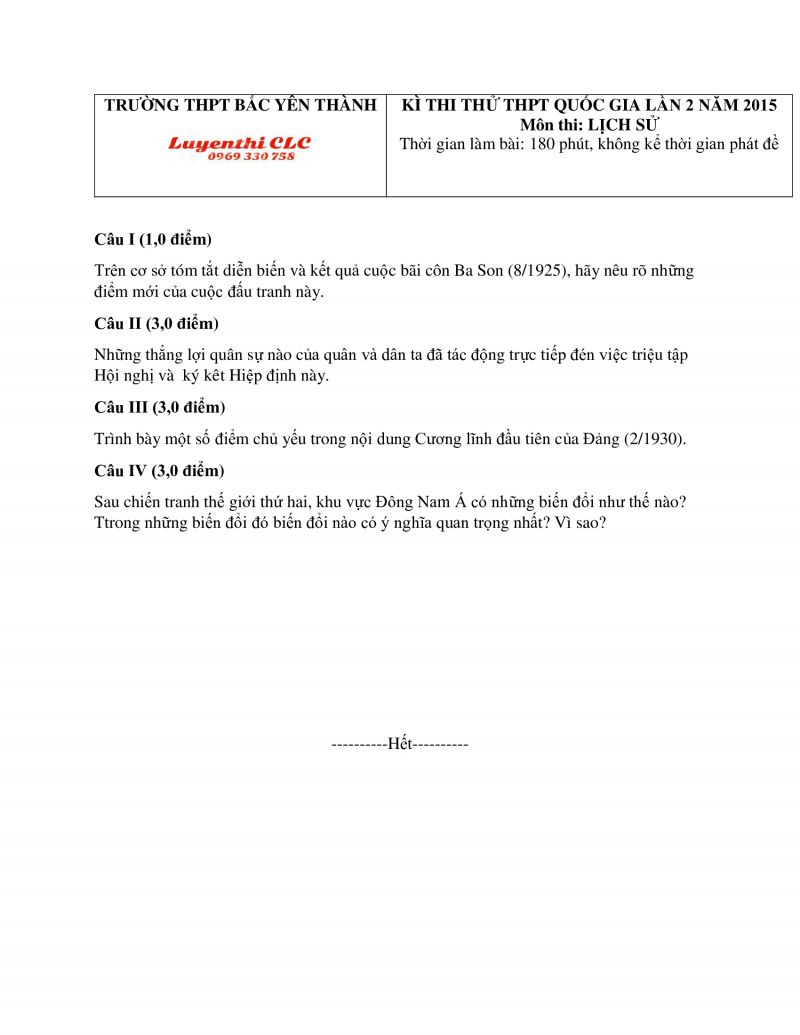Đề thi thử THPT Quốc Gia lần 2 môn Lịch Sử Trường THPT Bắc Yên Thành, Nghệ An năm 2015
