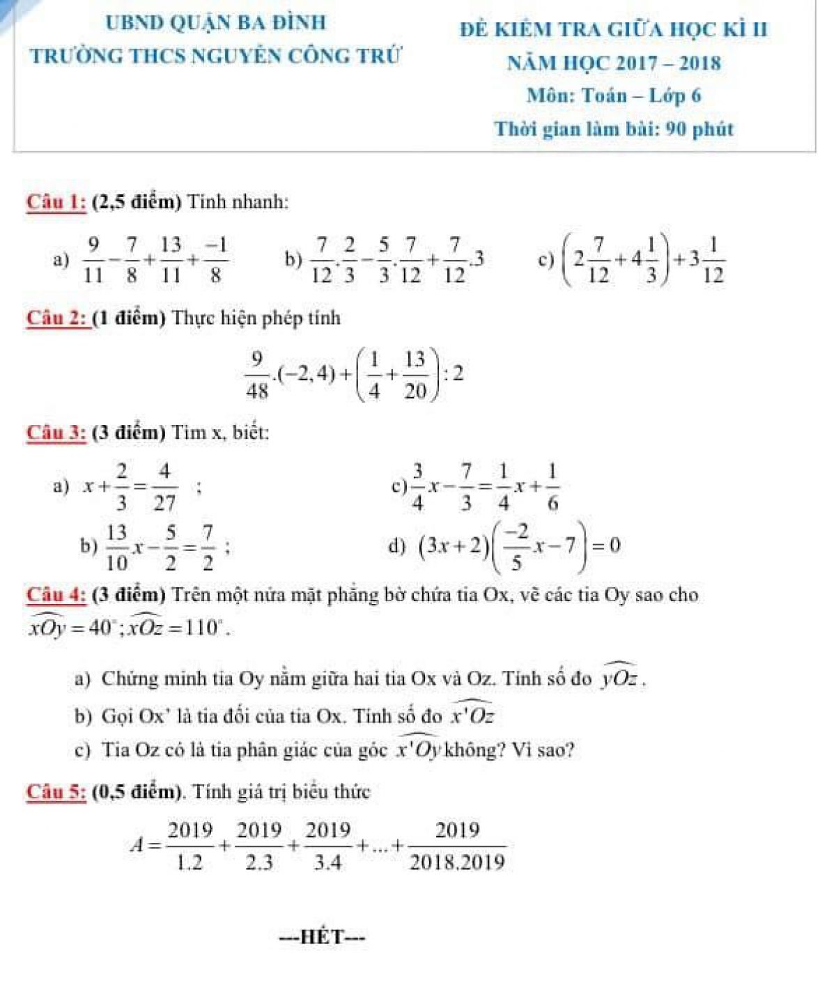 Đề kiểm tra giữa học kì II môn Toán lớp  6 Trường THCS Nguyễn Công Trứ, quận Ba Đình, Hà Nội năm 2017