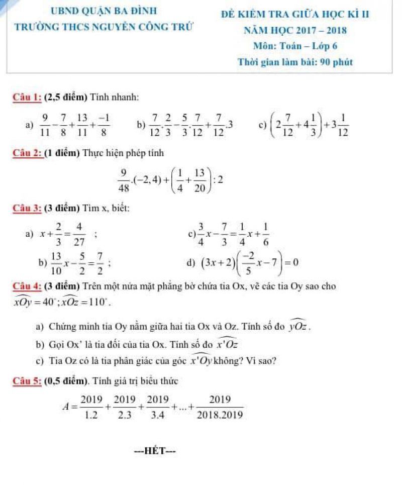 Đề kiểm tra giữa học kì II môn Toán lớp  6 Trường THCS Nguyễn Công Trứ, quận Ba Đình, Hà Nội năm 2017