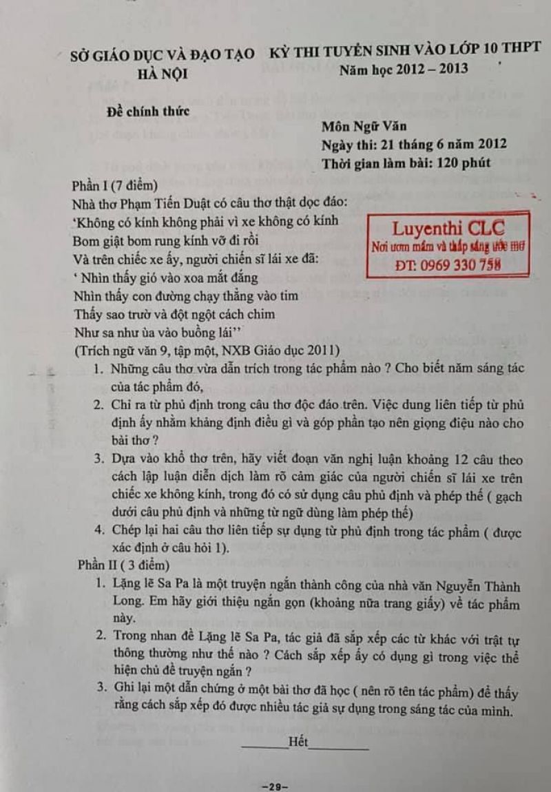 Đề thi tuyển sinh vào lớp 10 THPT môn Ngữ Văn tại Hà Nội năm 2012