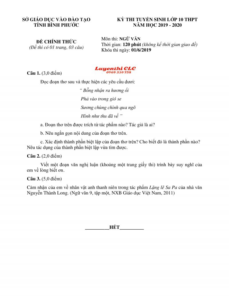 Đề thi tuyển sinh vào lớp 10 THPT môn Ngữ Văn tỉnh Bình Phước năm 2019
