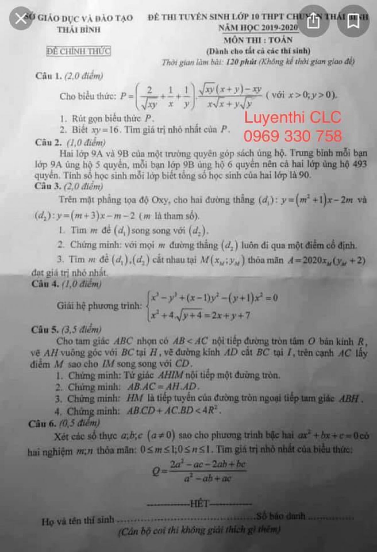 Đề thi tuyển sinh v&agrave;o lớp 10 THPT CHUY&Ecirc;N m&ocirc;n To&aacute;n tỉnh Th&aacute;i B&igrave;nh năm 2019