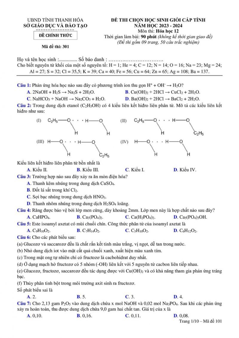 Đề thi chọn HSG v&agrave; đ&aacute;p &aacute;n m&ocirc;n H&oacute;a Học lớp 12 tỉnh Thanh H&oacute;a năm 2023