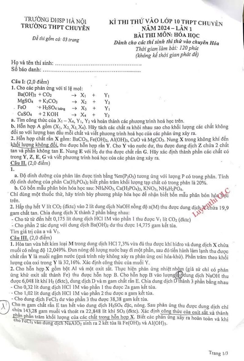 Đề thi thử lần 1 vào lớp 10 THPT Chuyên và đáp án môn Hóa Học Trường Đại học Sư phạm Hà Nội năm 2024