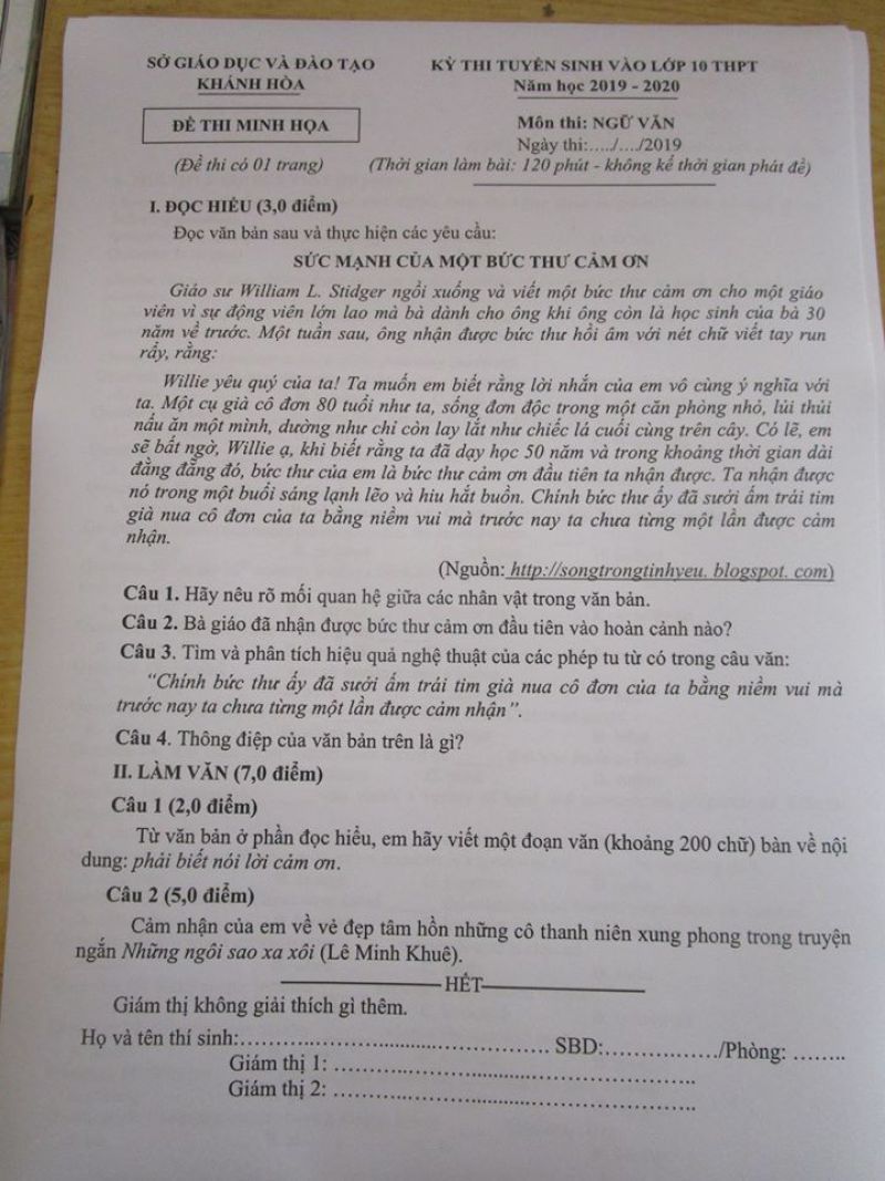 Đề minh họa đề thi tuyển sinh vào lớp 10 THPT môn Ngữ Văn tỉnh Khánh Hòa năm 2019